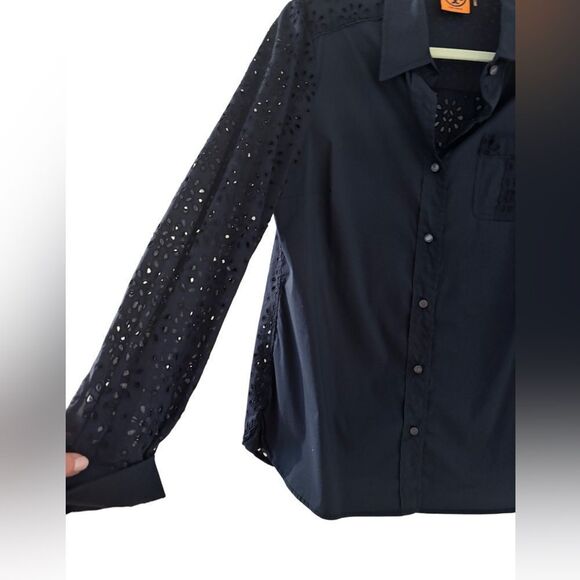 Tory Burch navy blue Liam eyelet sleeve button down top size 10 - Picture 1 of 11